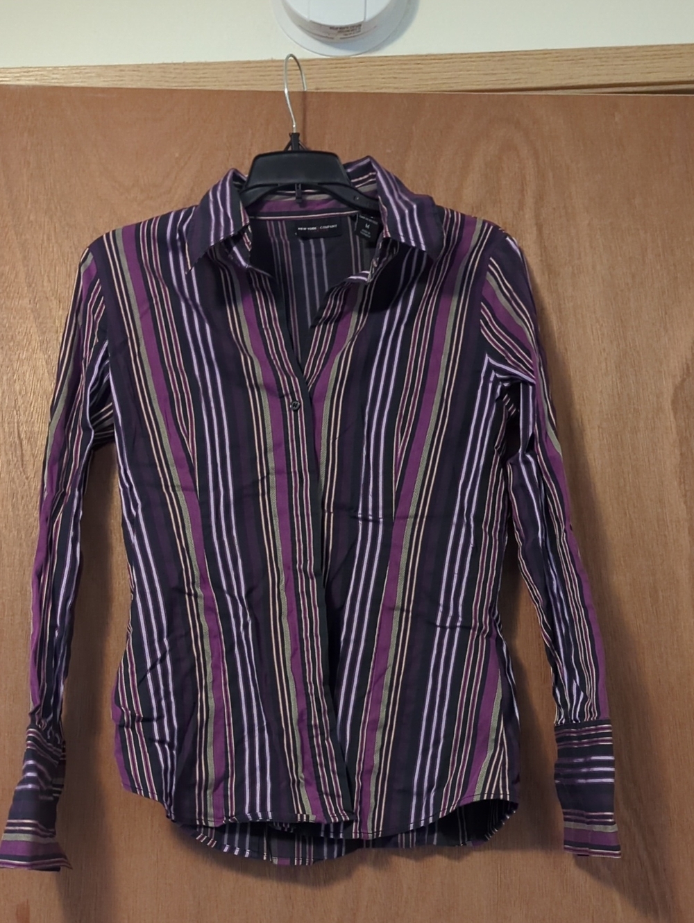 New York & Company Purple, Black & Olive Striped Button-Down
